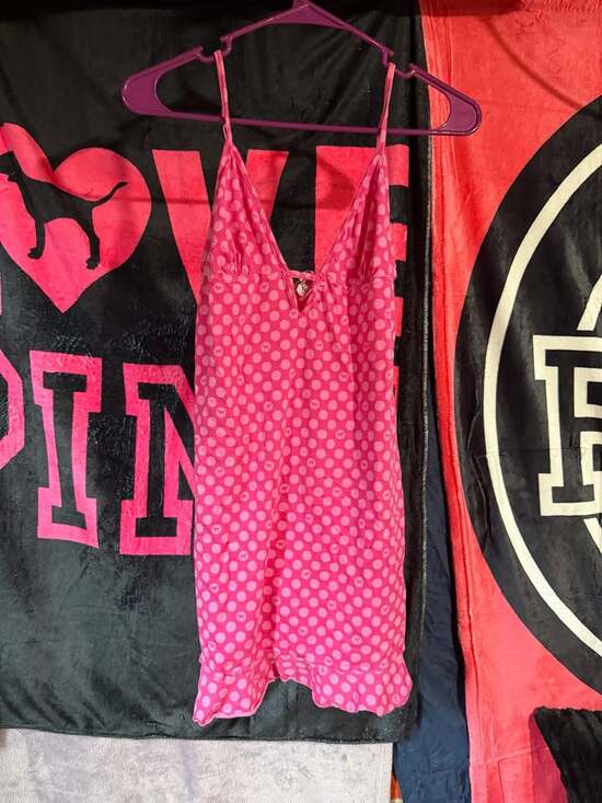 Victoria's Secret PINK Other - Vintage Victoria's Secret PINK Polka Dot Ruffle Slip Sleep Dress with Logo Charm